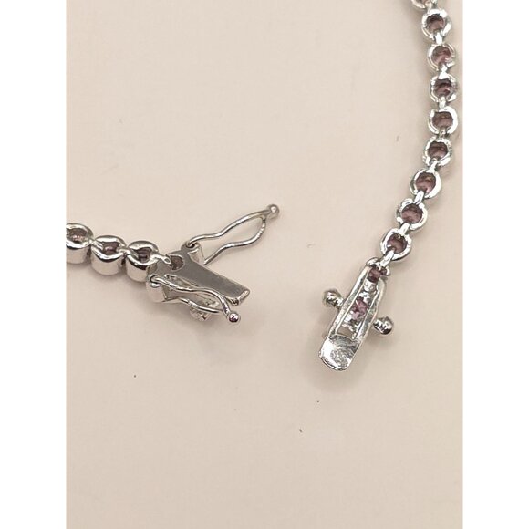 Silver Tone Tennis Bracelet With Pink CZ Stones & Secure Clasp - Picture 5 of 11